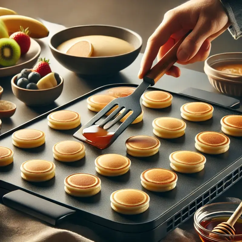 Mini pancakes being cooked on a non-stick griddle, golden brown and perfectly round, with a spatula flipping one pancake. A bowl of batter, fresh fruits, and maple syrup are visible in the background of a modern kitchen setting.