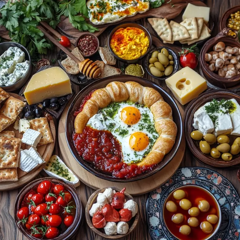 A traditional Turkish breakfast spread featuring simit, menemen, olives, cheeses, fresh vegetables, honey, and Turkish tea served on a table.