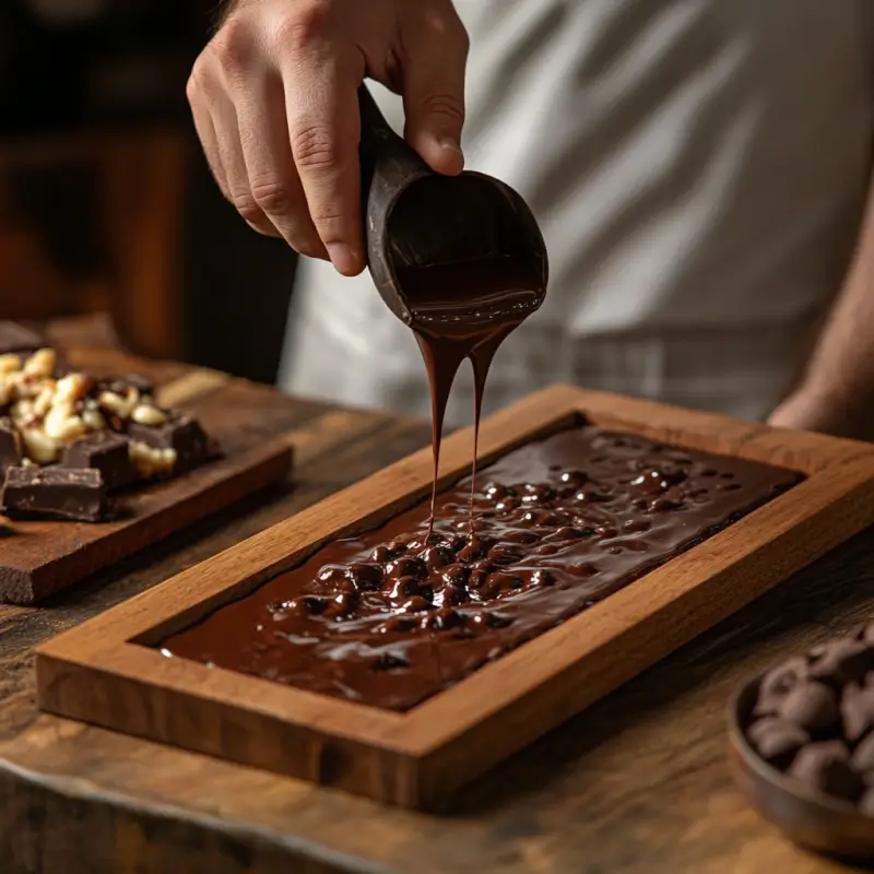 Pouring melted chocolate into silicone molds to form the base layer.