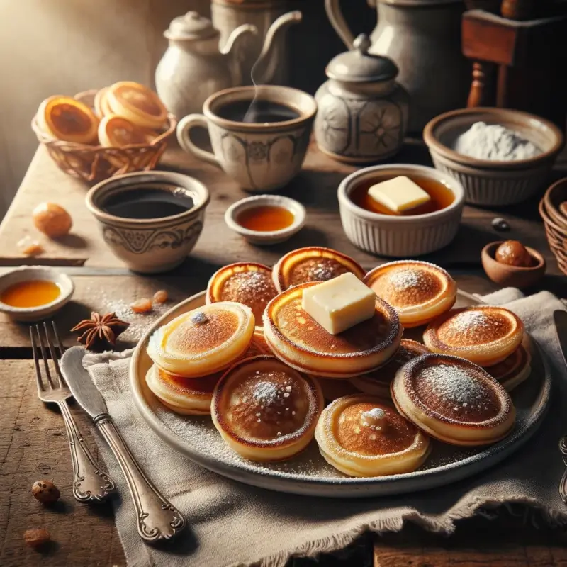 A plate of Poffertjes, small Dutch pancakes, dusted with powdered sugar and topped with melting pats of butter, placed on a rustic wooden table with cozy breakfast elements in the background.