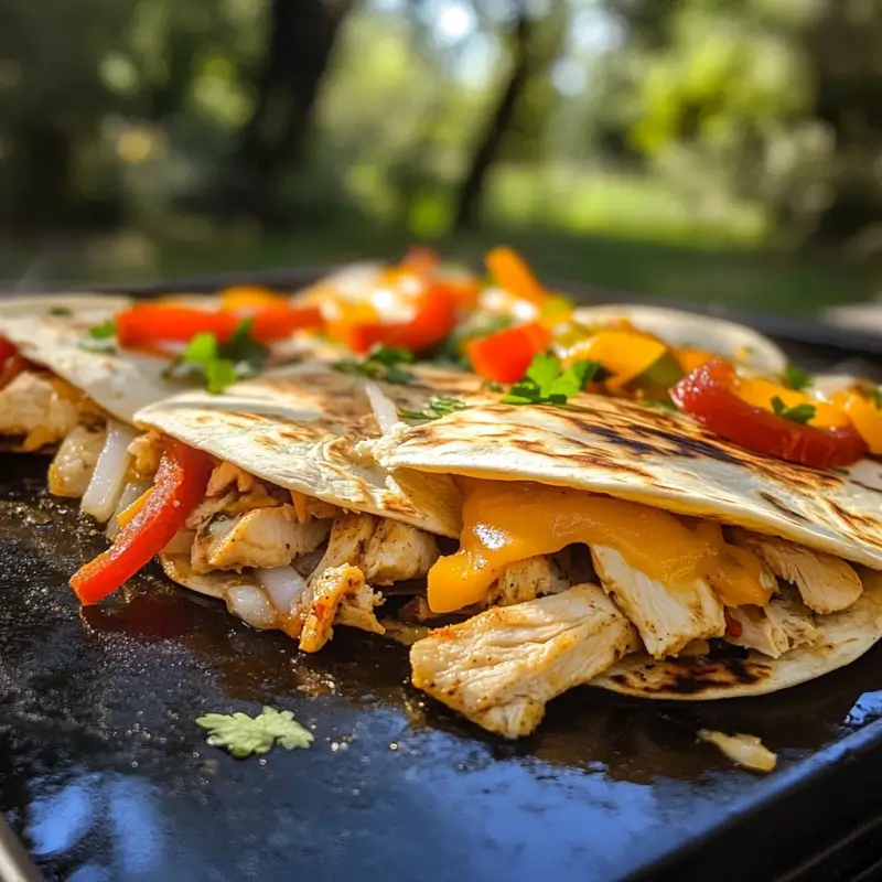 Chicken quesadilla sizzling on a Blackstone griddle with melted cheese and colorful toppings.