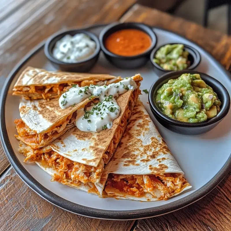 Buffalo chicken quesadilla served with ranch dressing, guacamole, and salsa on a wooden table.