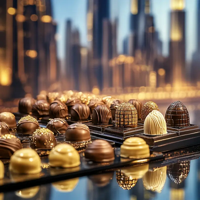 Luxury chocolates with gold accents in Dubai, showcasing intricate craftsmanship.