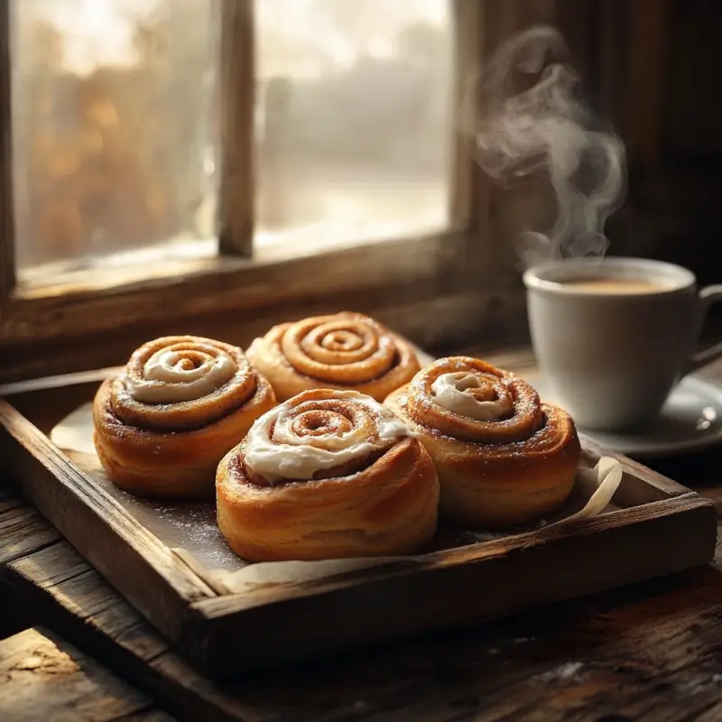 Freshly baked cinnamon rolls with cream cheese frosting on a rustic tray, paired with a cup of coffee in a cozy kitchen setting.