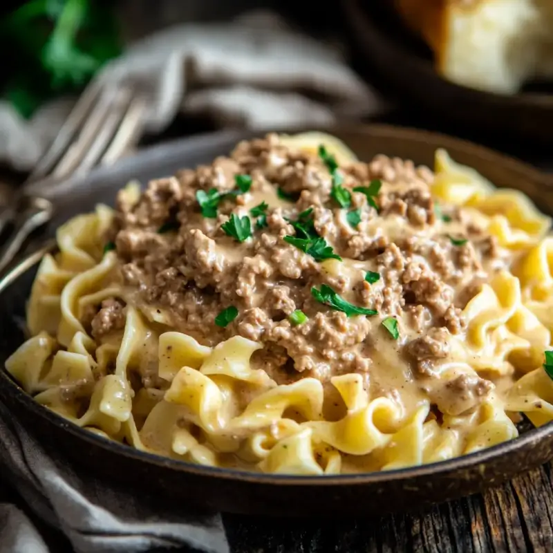 Ground beef stroganoff served over egg noodles with creamy sauce, garnished with parsley.