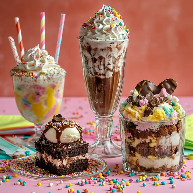 Display of Cosmic Brownie-inspired desserts: a milkshake, a sundae, and a trifle, surrounded by colorful sprinkles.