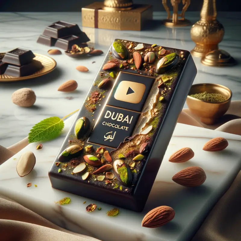 Luxurious Dubai Chocolate Bar with pistachios, almonds, and edible gold leaf, featuring a "YouTube Tutorial" text overlay.