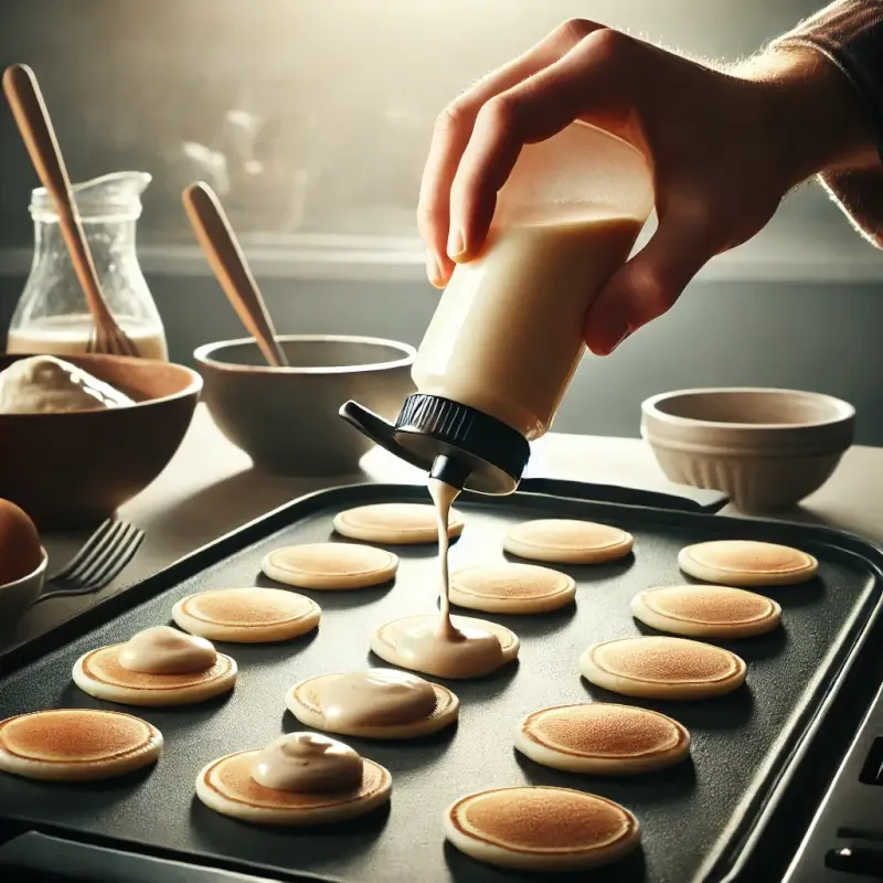 A hand pouring pancake batter into the center of a griddle using a squeeze bottle, surrounded by several small pancakes in the early stages of cooking. The griddle is in a modern kitchen with a cozy setup including a bowl of batter, utensils, and syrup in the background.