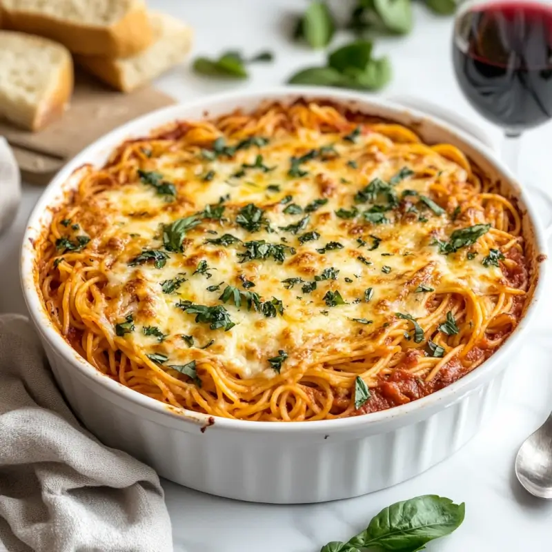 Classic baked spaghetti with marinara sauce, golden cheese, and fresh herbs in a ceramic dish.