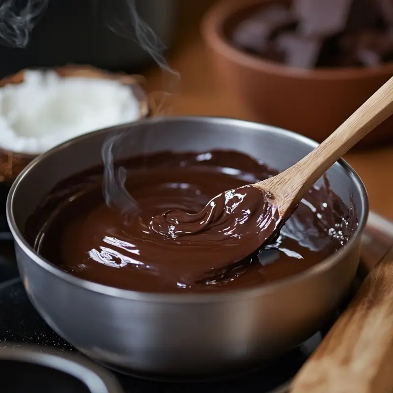 Dark chocolate melting in a bowl with coconut oil for the Dubai chocolate bar.