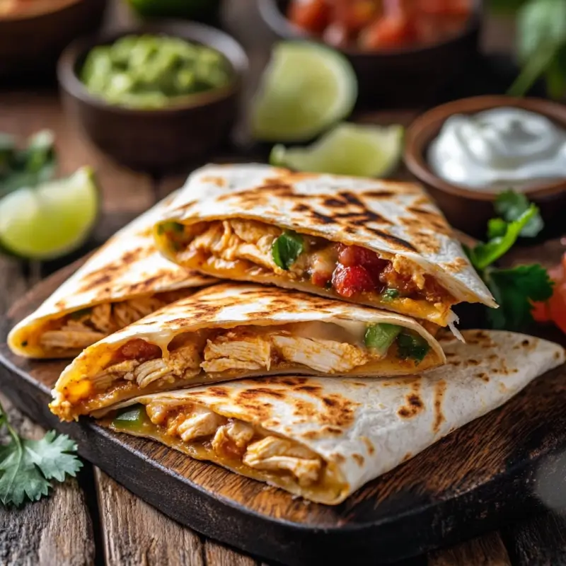 Close-up of golden chicken quesadilla slices with melted cheese, guacamole, salsa, and sour cream.