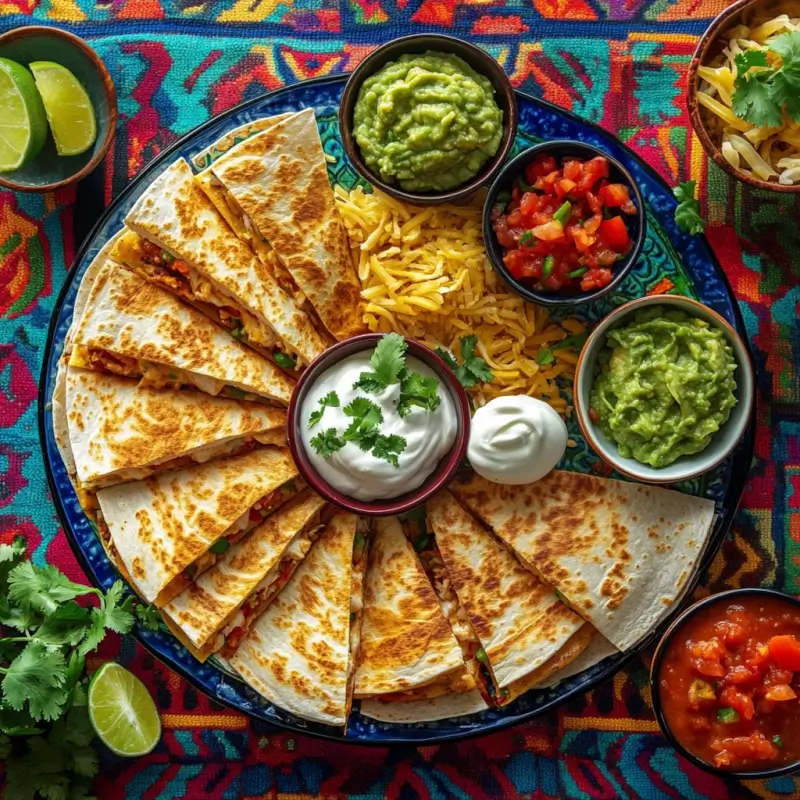 A platter of chicken quesadilla slices with guacamole, sour cream, and salsa on a colorful tablecloth.