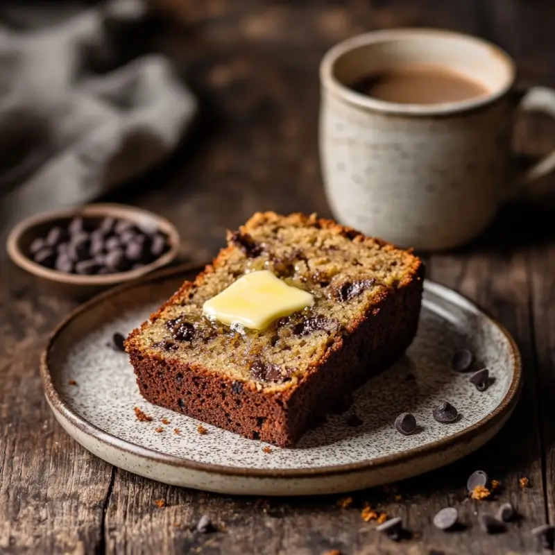 Slice of chocolate chip banana bread with butter on top, served with coffee on a rustic table.