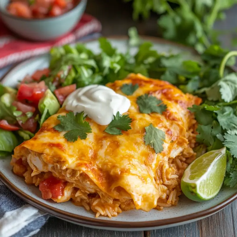 Plate of King Ranch Chicken Casserole with rice, salad, and garnished with cilantro and sour cream