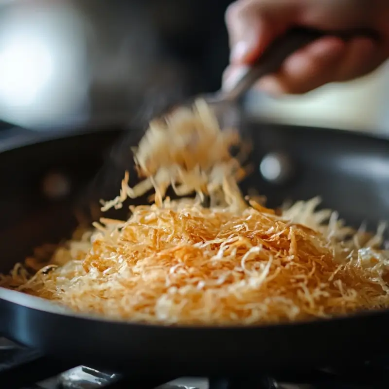 Shredded kataifi dough being toasted golden brown in a pan.