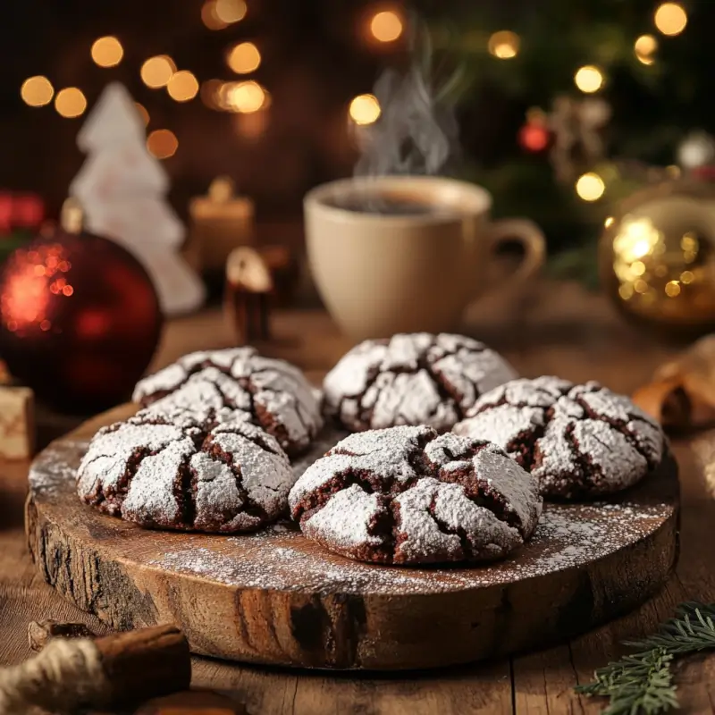 Close-up of freshly baked chocolate crinkle cookies dusted with powdered sugar, showcasing their signature crackled texture on a rustic wooden tray.