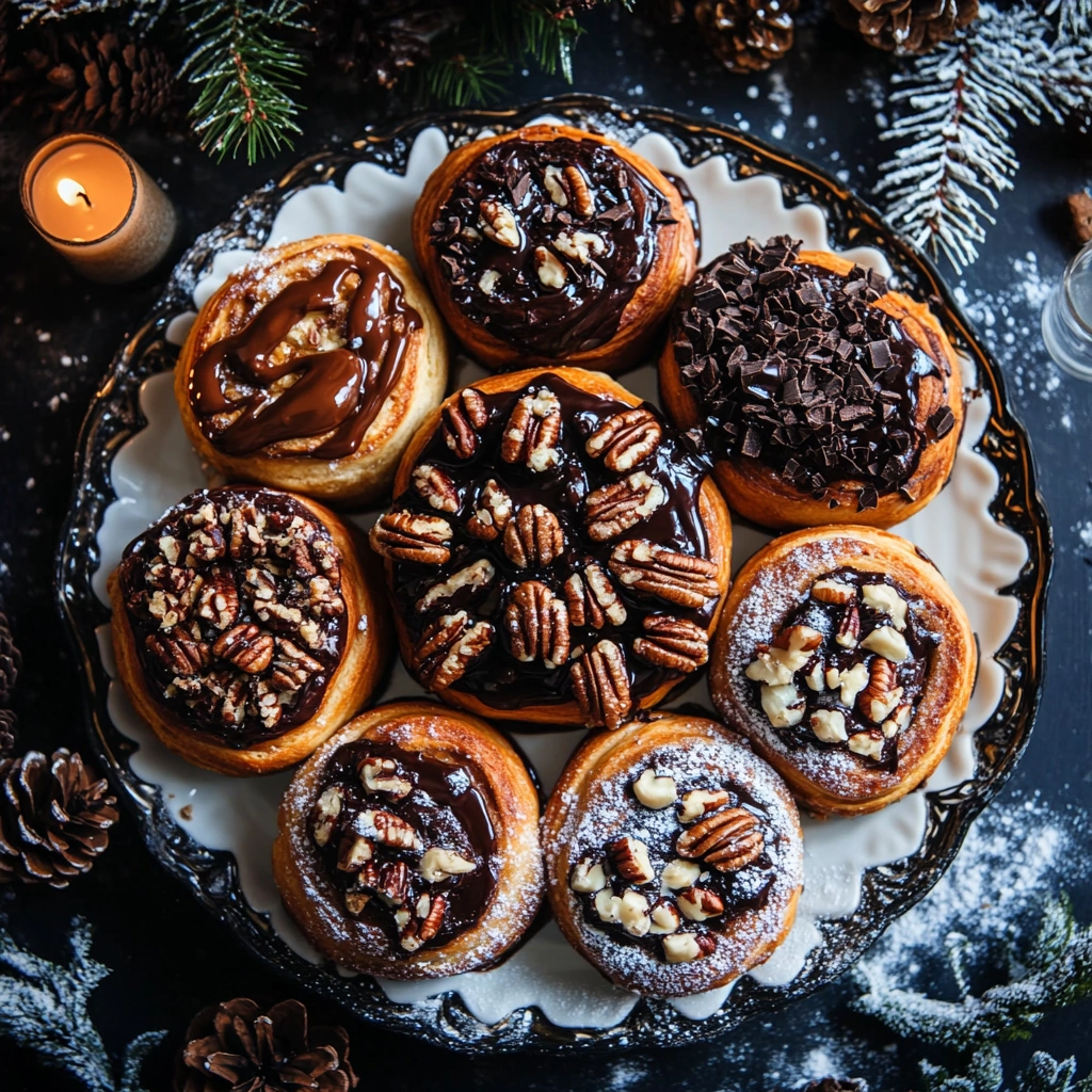 Platter of cinnamon roll variations, including pumpkin spice, chocolate, and maple pecan, set in a festive holiday scene.