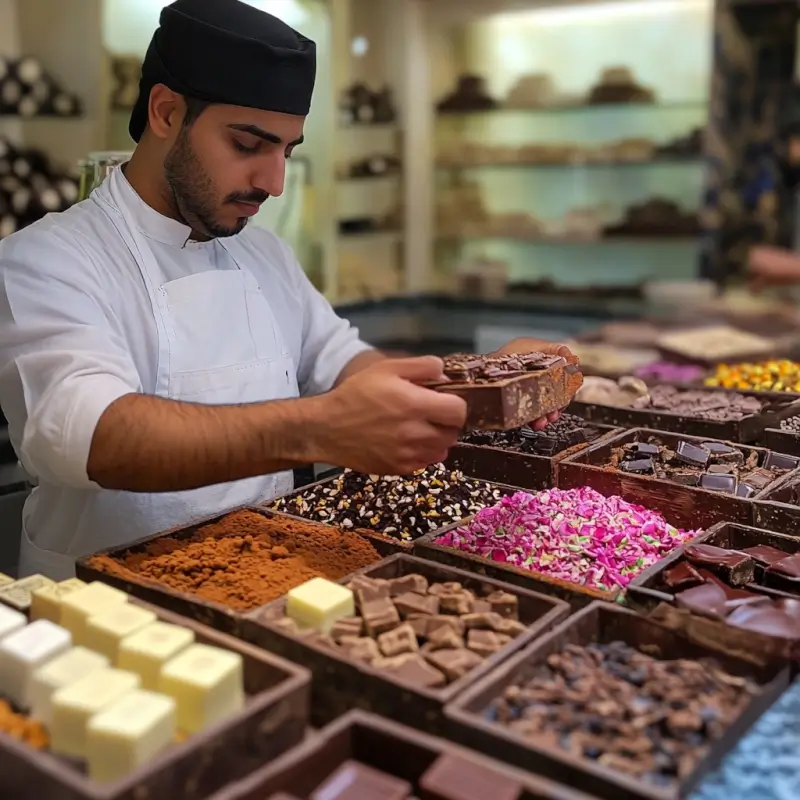 Artisan chocolatier in Dubai crafting chocolates with traditional and modern techniques.