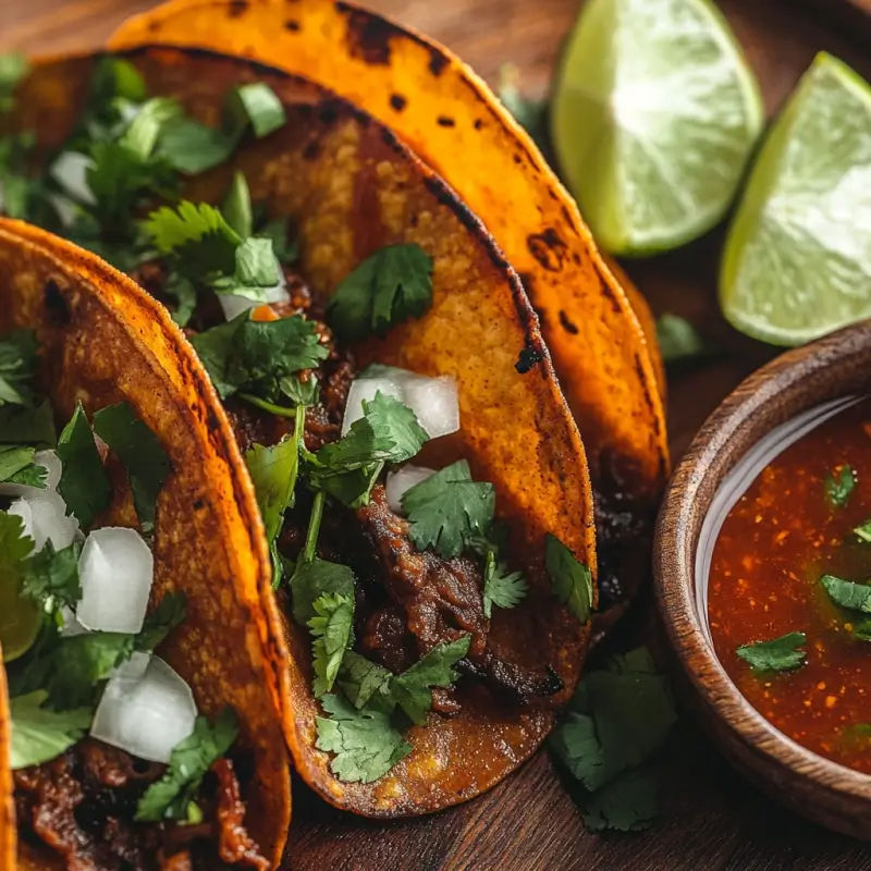 Close-up of crispy Birria Tacos with red consommé-dipped tortillas, garnished with fresh cilantro, diced onions, and lime wedges, served on a rustic wooden plate with a bowl of consommé.