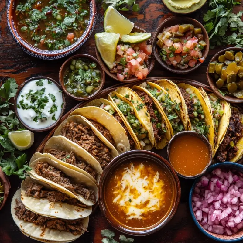 Variety of Birria Tacos on a styled table, including quesabirria with melted cheese, served with a bowl of consommé, pickled vegetables, and salsa in a vibrant, appetizing arrangement.