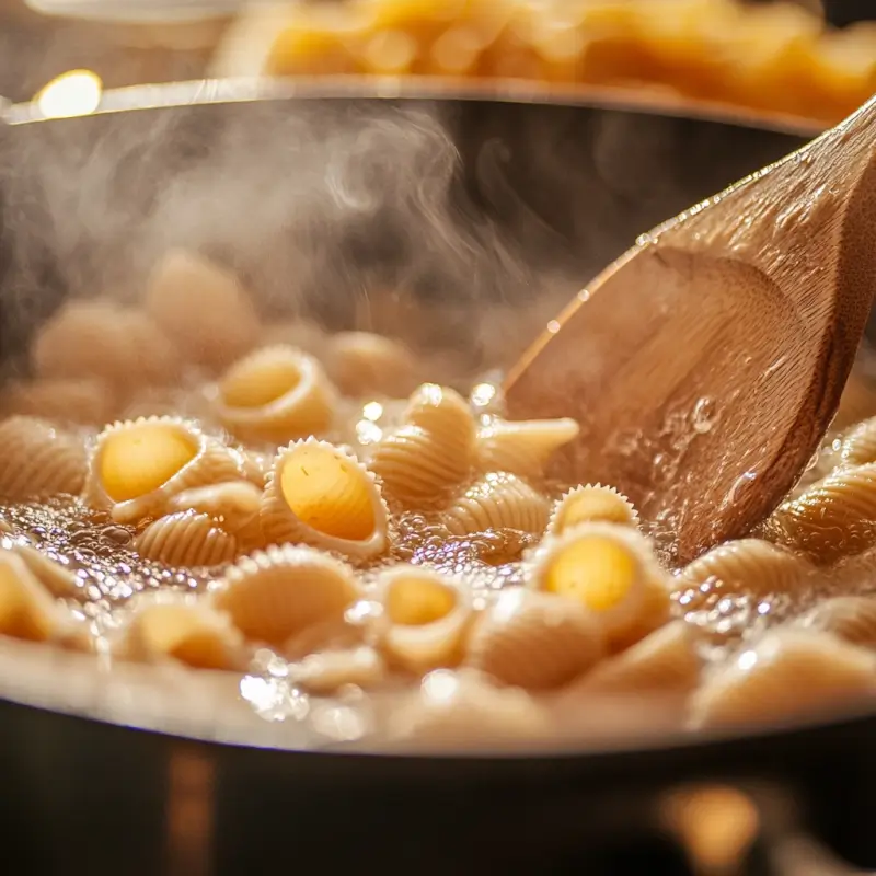 Close-up of small pasta shells being boiled in a pot of water with steam rising, showing a wooden spoon stirring