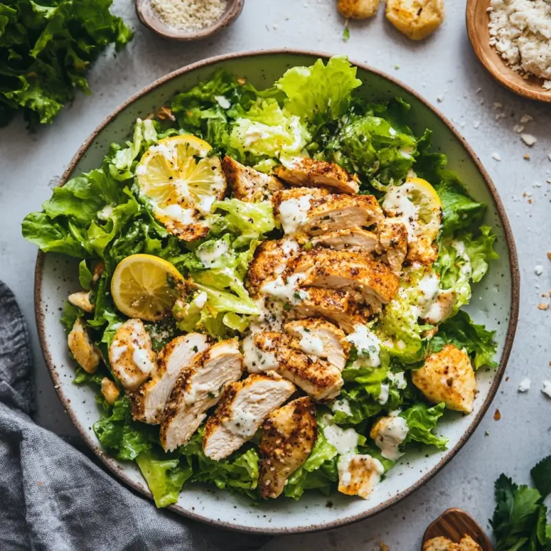 A bowl of freshly made Chicken Caesar Salad featuring crisp romaine lettuce, juicy grilled chicken, crunchy croutons, and creamy Caesar dressing garnished with Parmesan cheese.