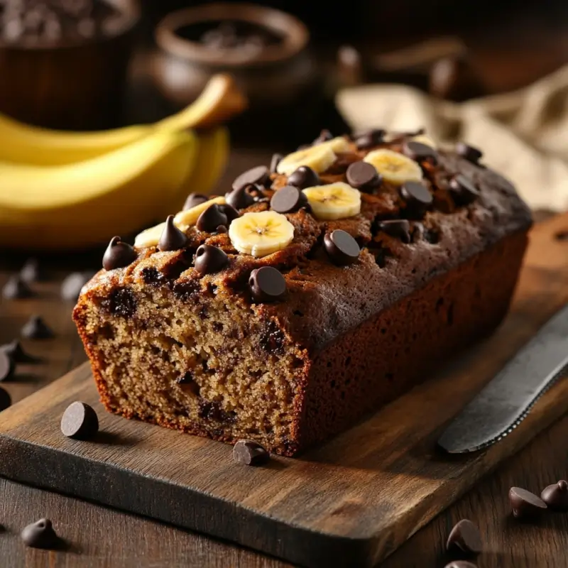 Freshly baked chocolate chip banana bread on a wooden cutting board with ripe bananas and chocolate chips.