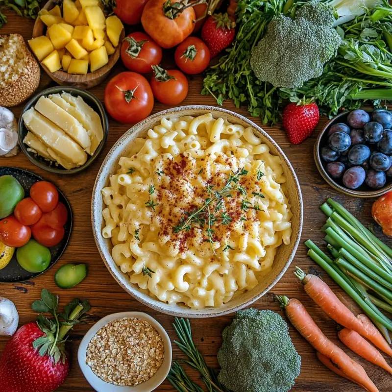 A vibrant and balanced meal plan with mac and cheese surrounded by healthy side dishes like vegetables, fruits, and whole grains.