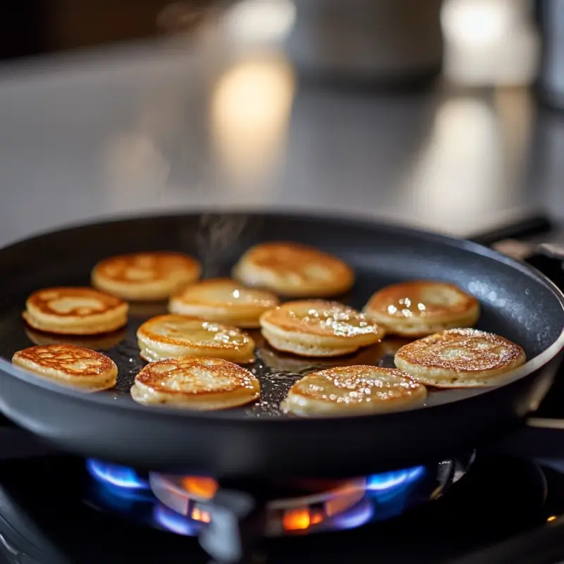 mini Pancakes sizzling on a non-stick skillet, golden edges forming as they cook