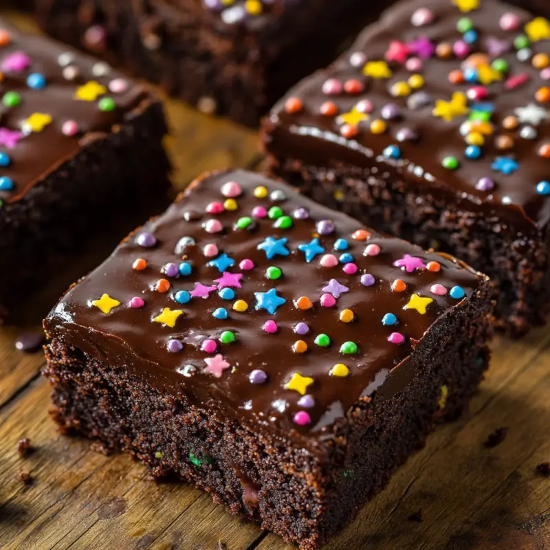 Close-up of homemade Cosmic Brownies with rich ganache topping and colorful candy sprinkles on a wooden table.