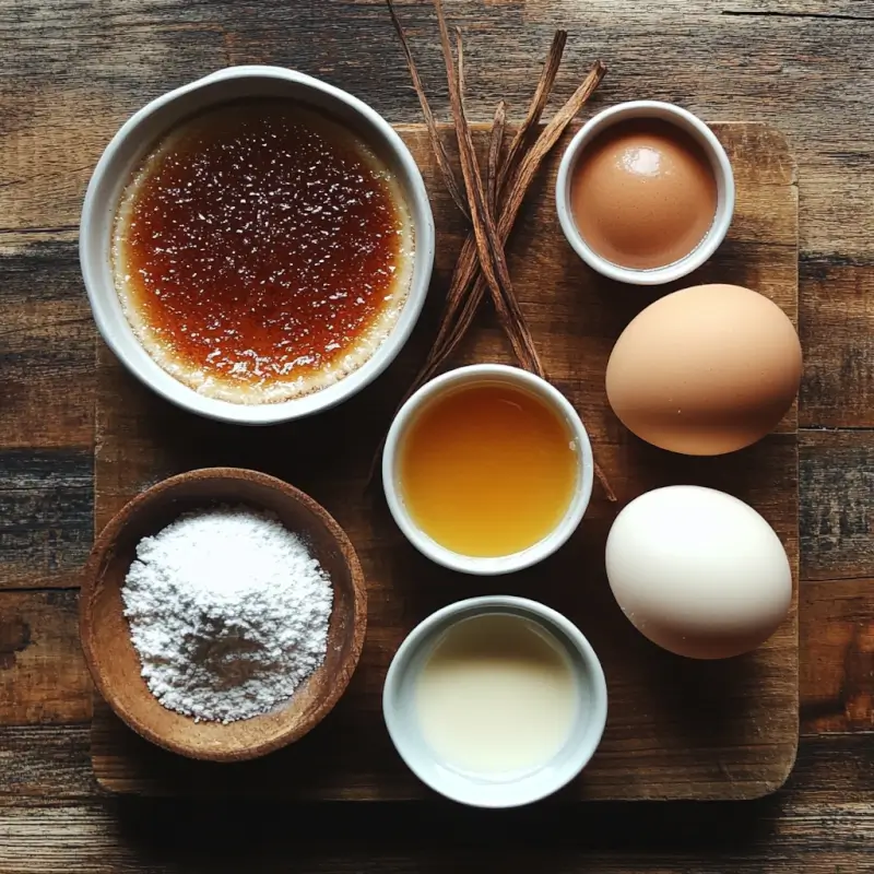 Ingredients for Crème Brûlée: egg yolks, cream, sugar, and vanilla.