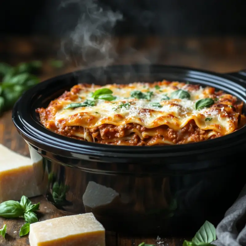 Fresh crockpot lasagna with melted cheese and steam rising, served in a slow cooker on a rustic table.