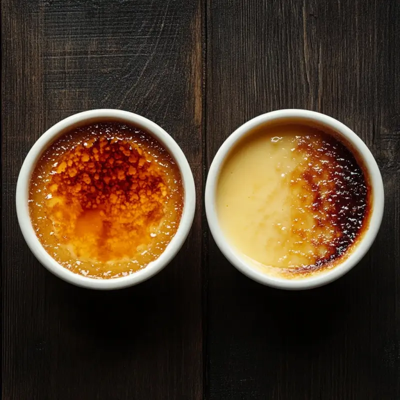 Crème Brûlée and custard side-by-side, showcasing their differences in texture and presentation.