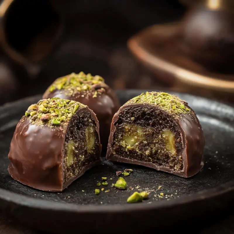 Close-up of luxury Dubai chocolate truffles with pistachios, saffron, and dark chocolate, showcasing Middle Eastern-inspired design