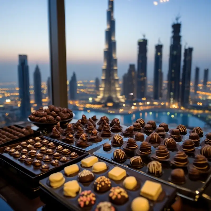 Exclusive chocolate tasting event in Dubai with views of the skyline.