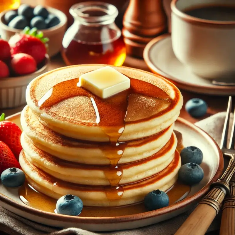 A stack of small, thick pancakes with a fluffy, golden-brown texture, topped with melting butter and drizzled with maple syrup, surrounded by fresh berries on a cozy breakfast table with a cup of coffee and utensils.