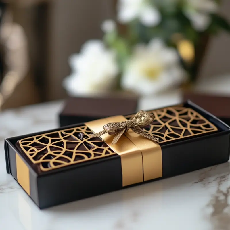 Dubai chocolate bars packaged in a gold-accented gift box.