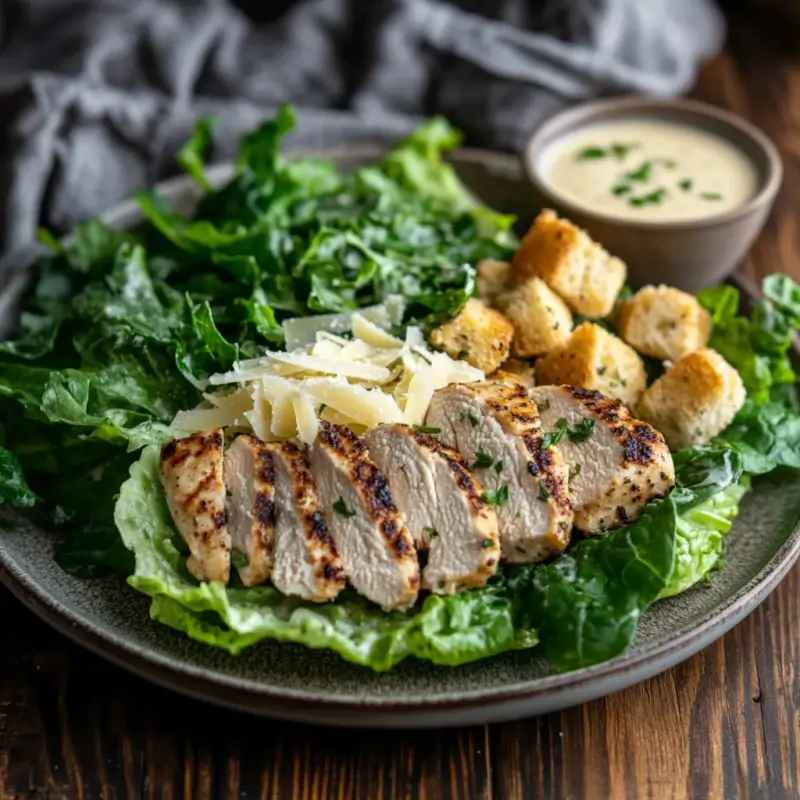 A fresh chicken Caesar salad with grilled chicken, romaine lettuce, croutons, Parmesan cheese, and creamy dressing served on a rustic wooden table.