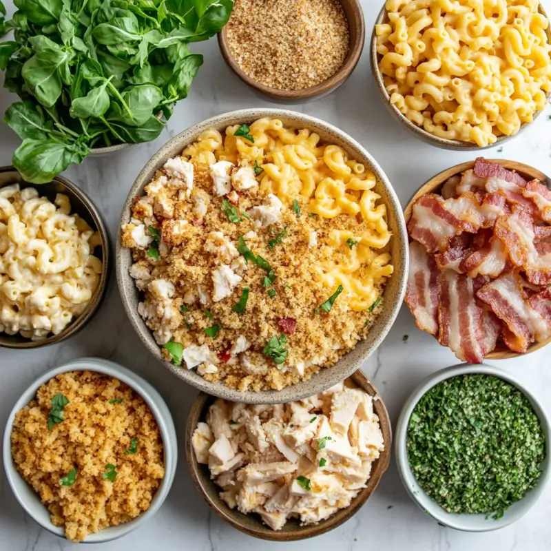 A top-down view of various ingredients to enhance mac and cheese, including bacon, grilled chicken, broccoli, cheeses, spices, breadcrumbs, and fresh herbs, arranged on a clean surface.