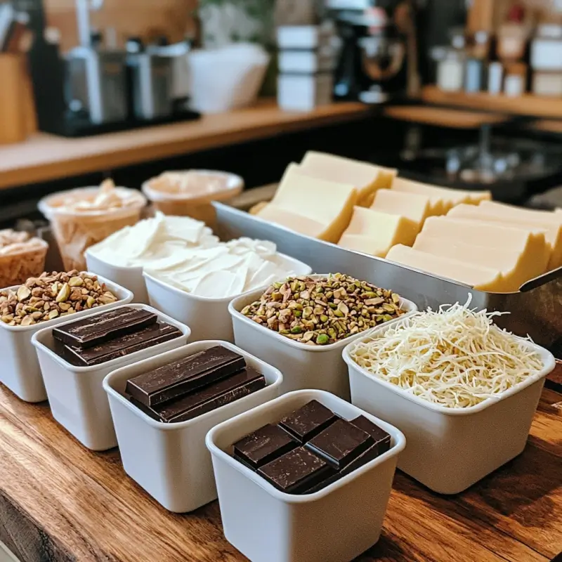 Ingredients for Dubai chocolate bar, including dark chocolate, pistachio butter, tahini, kataifi, and coconut oil.