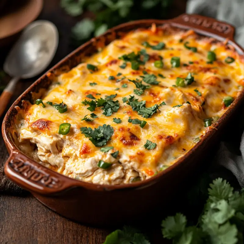 Golden, bubbly King Ranch Chicken Casserole in a ceramic dish with fresh cilantro and green chilies.