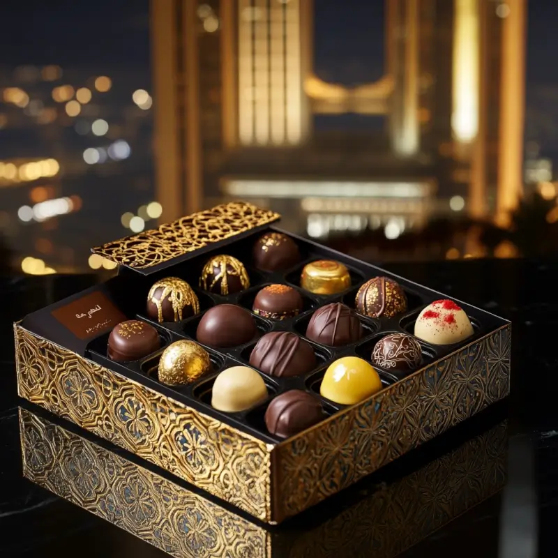 Dubai luxury chocolates with gold leaf, saffron, rose water, and dates in a custom box, set against a luxurious Dubai backdrop.