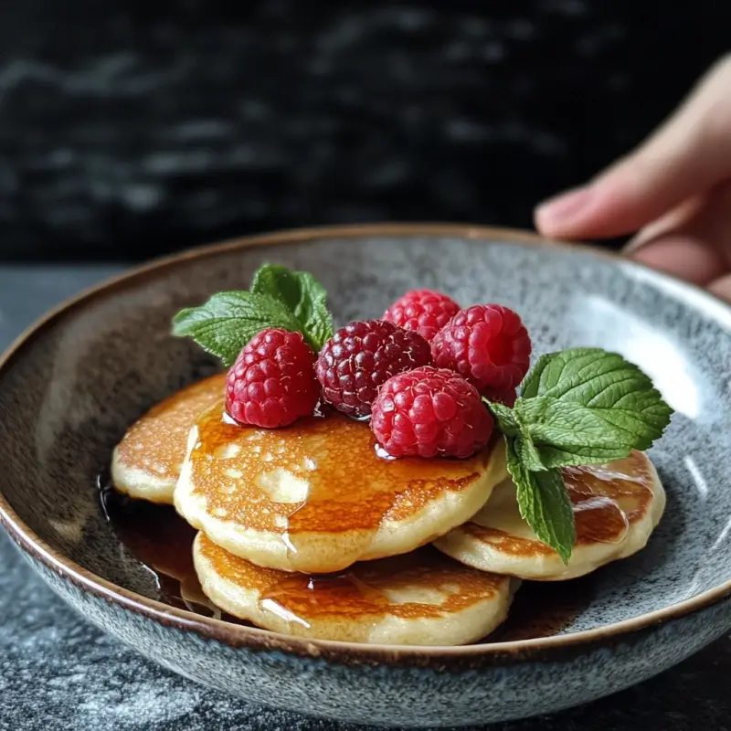 Stack of fluffy mini pancakes drizzled with maple syrup and topped with fresh raspberries.