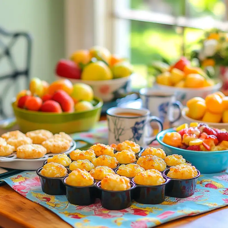 Mini Tater Tot Breakfast Casseroles baked in muffin tins, arranged on a colorful brunch table with bowls of fresh fruit, coffee mugs, and a sunny backdrop.