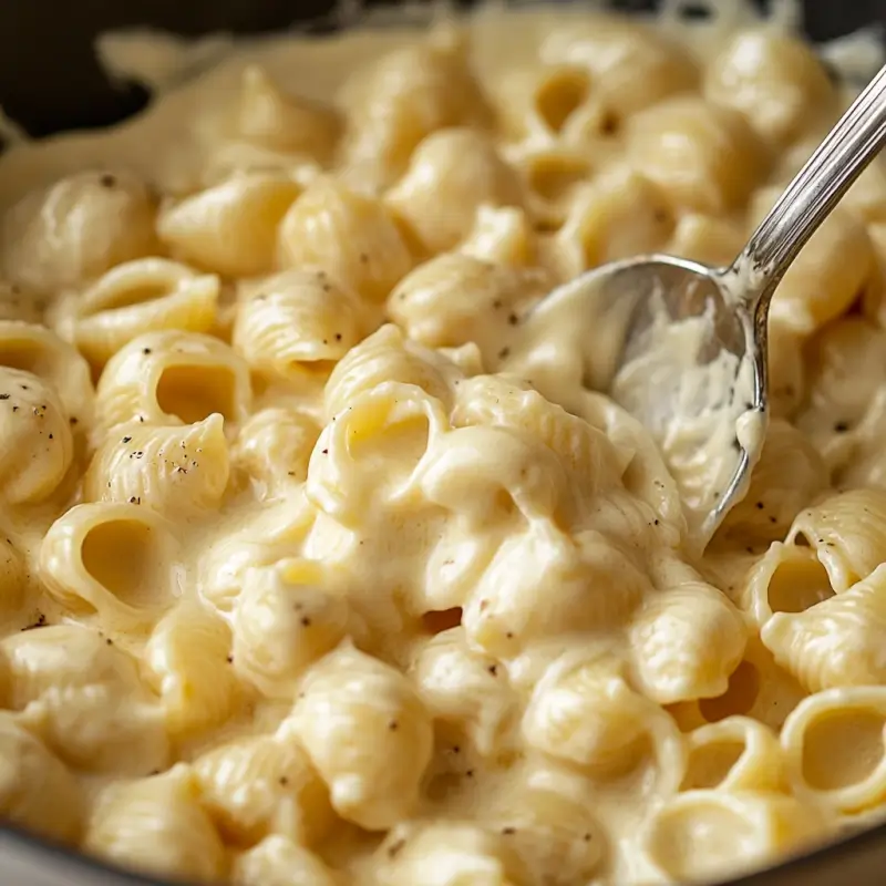 Small cooked pasta shells being stirred into a creamy cheese sauce in a large bowl, blending the two together.