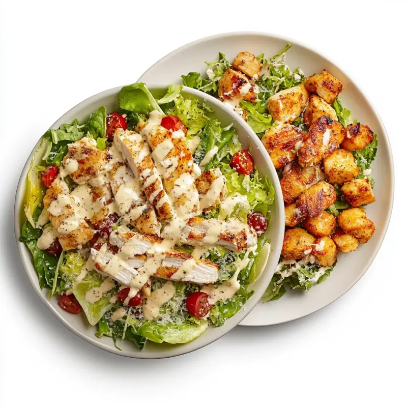 Two plates of Caesar salad: one with the classic Caesar salad featuring romaine lettuce, parmesan cheese, croutons, and Caesar dressing, and the other with added grilled chicken for a Chicken Caesar Salad variation