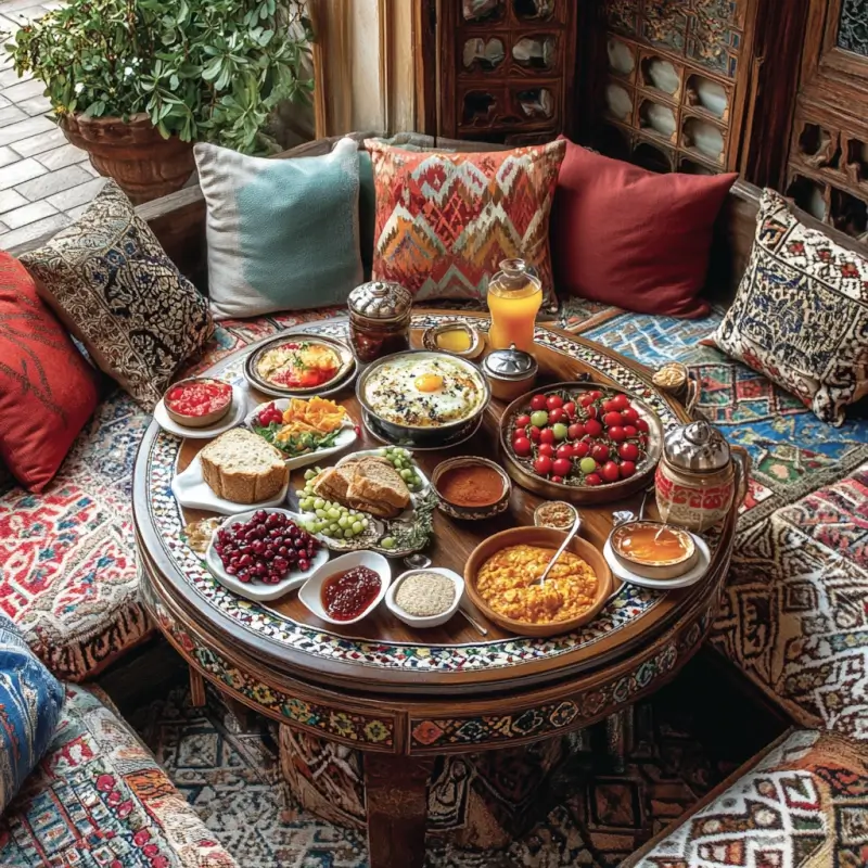 A vibrant Ottoman breakfast spread on a traditional sofra, featuring menemen, fresh bread, honey, jams, sherbet drinks, and seasonal fruits, set in a courtyard with Ottoman-style decor