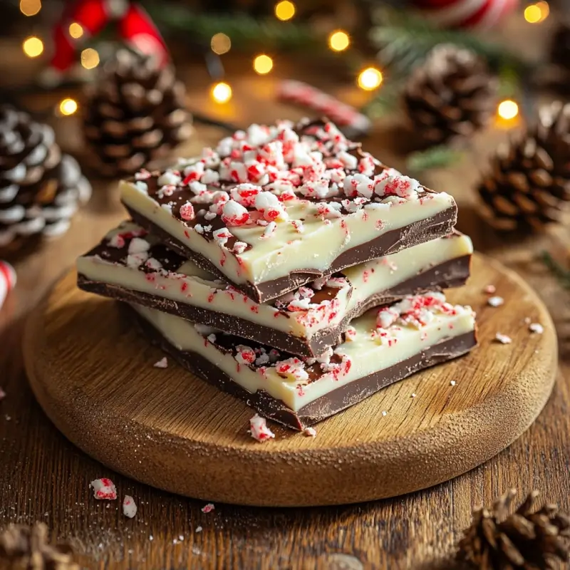 Close-up of homemade peppermint bark with layers of dark and white chocolate topped with crushed peppermint candy.