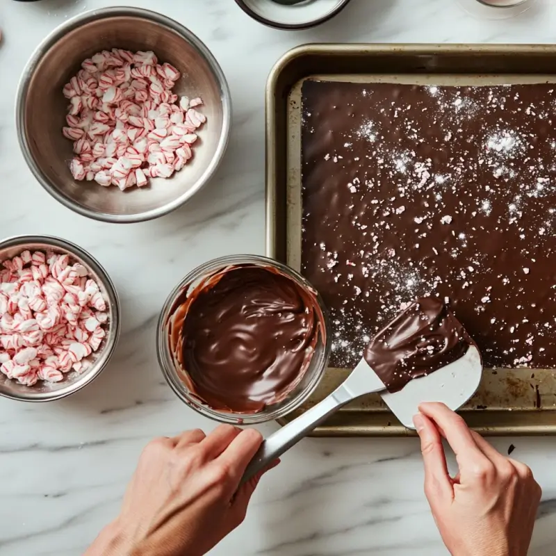 Ingredients for peppermint bark, including melted chocolate, crushed peppermint candy, and a spatula on a parchment-lined baking sheet.