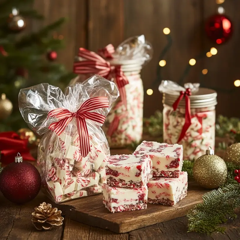 Festively packaged peppermint bark in holiday-themed tins, mason jars, and cellophane bags tied with ribbons.